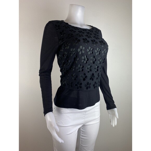 F. Whyci Milano Wool Top Size M Silk Black Blouse Crew Neck Long Sleeves - Picture 3 of 9